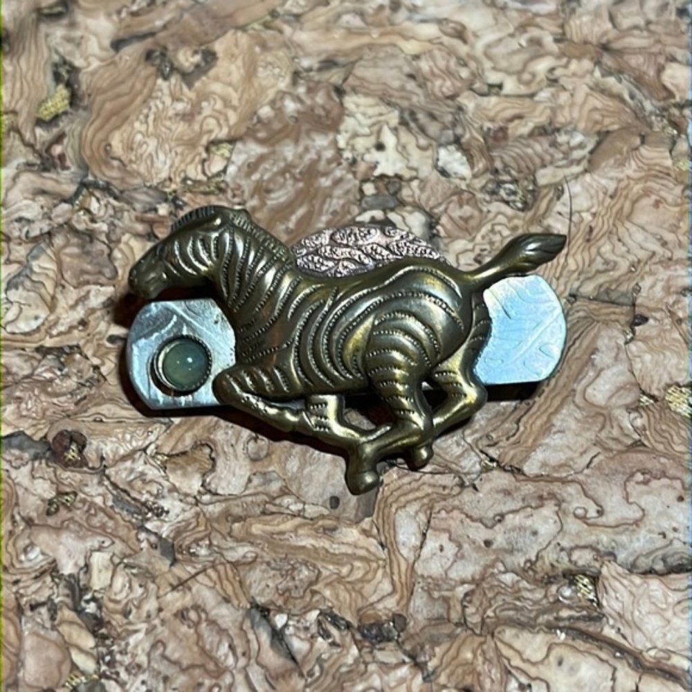 Mixed Metal Zebra Brooch with Green Stone Accent
